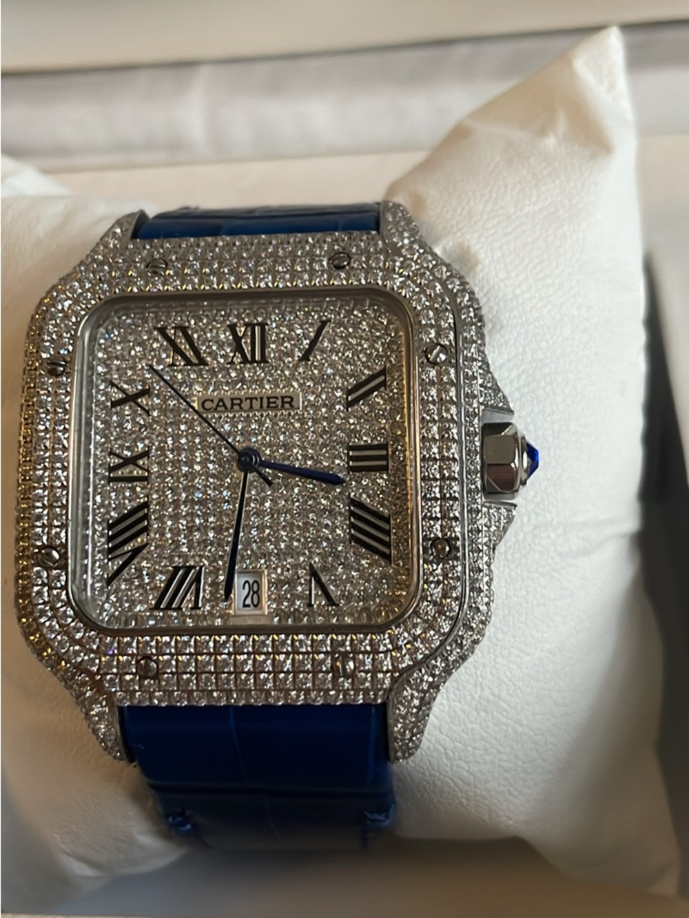 Iced out vvs mossinate Cartier Diamond Pavé Square Watch with Blue Strap